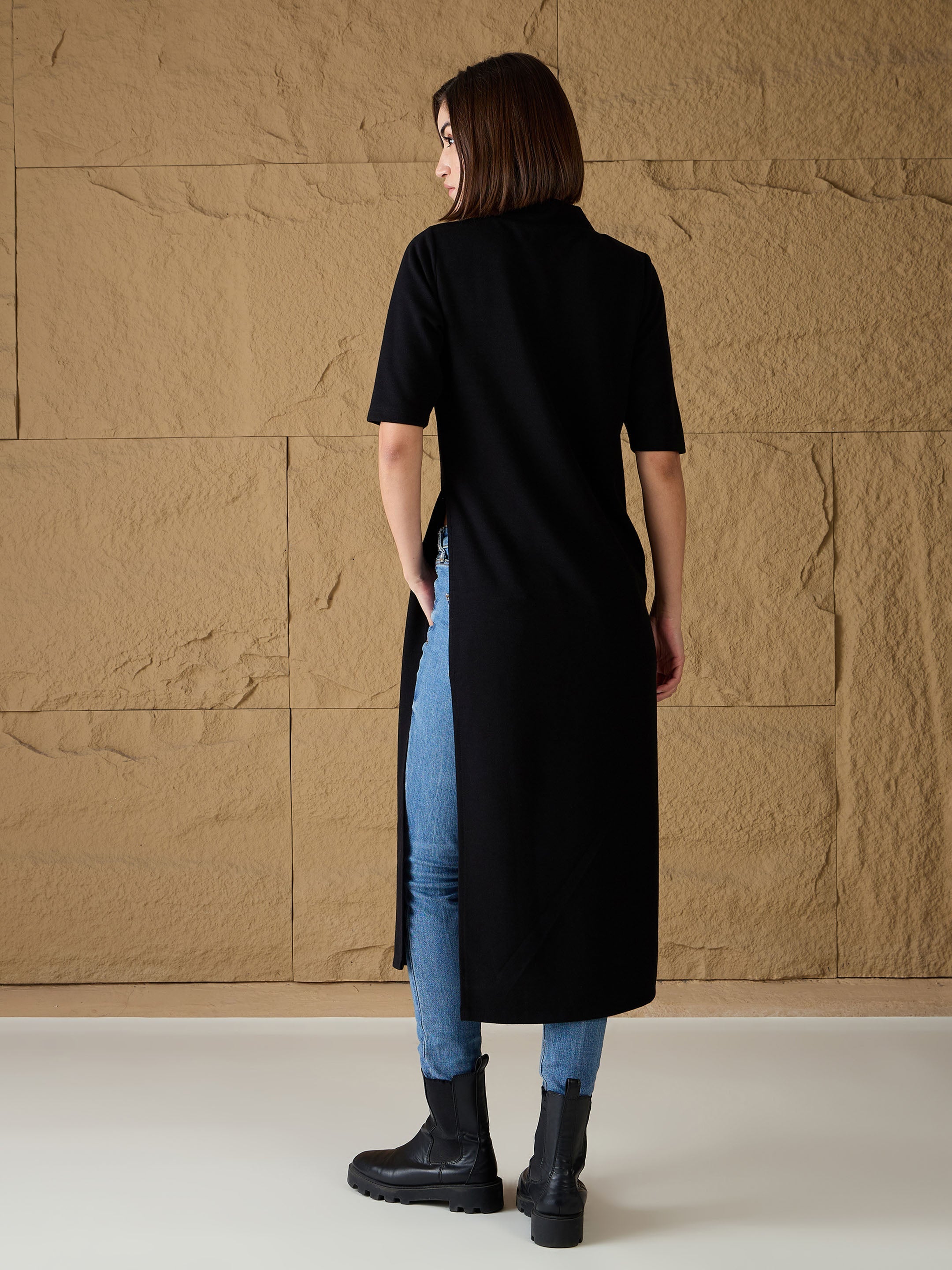 Women Black High-Neck High Slit Sweater-SFSWSH7688