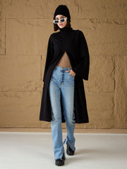 Women Black Turtle-Neck Front High Slit Sweater-SFSWSH7690