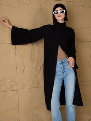 Women Black Turtle-Neck Front High Slit Sweater-SFSWSH7690