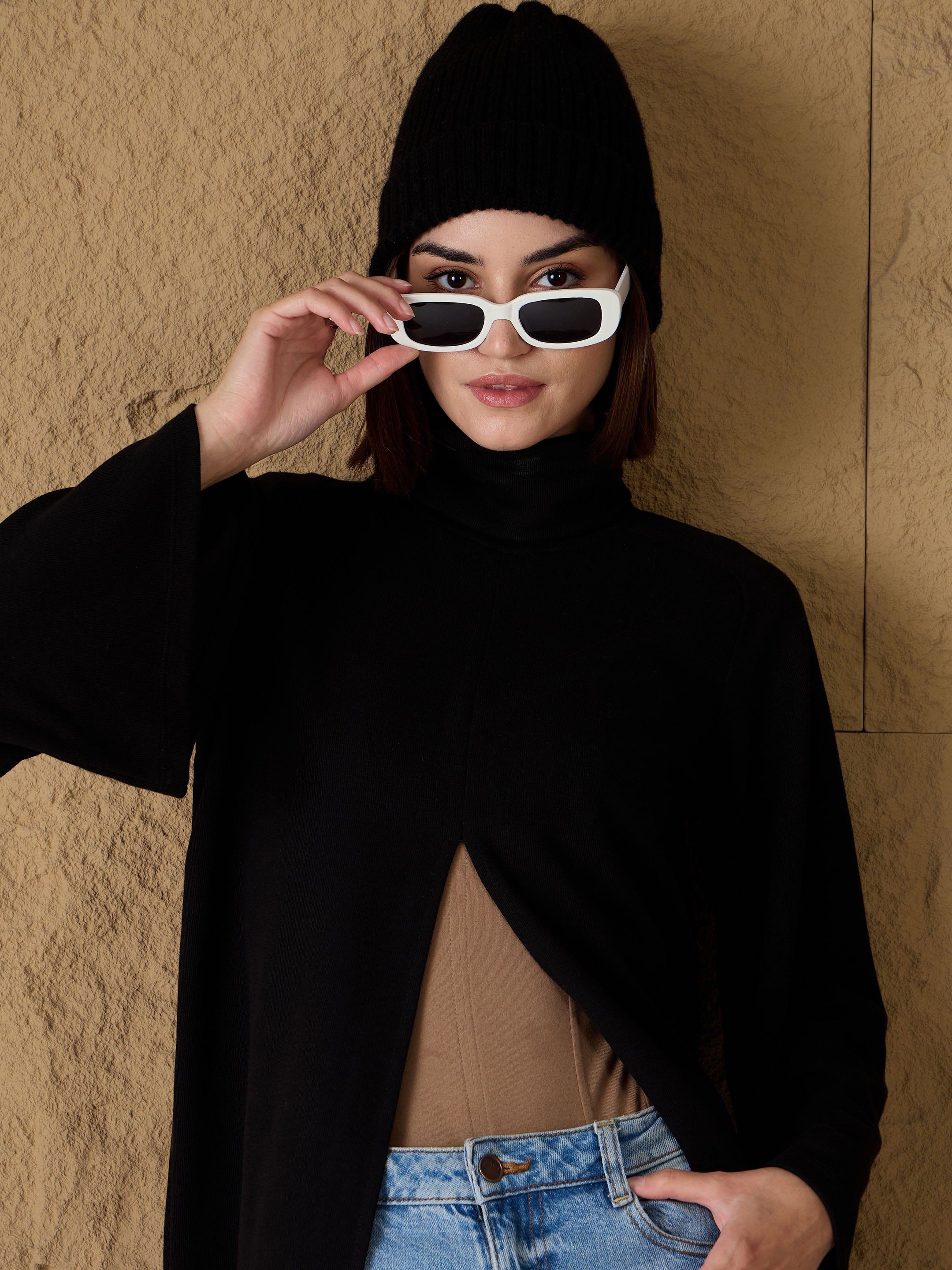 Women Black Turtle-Neck Front High Slit Sweater-SFSWSH7690