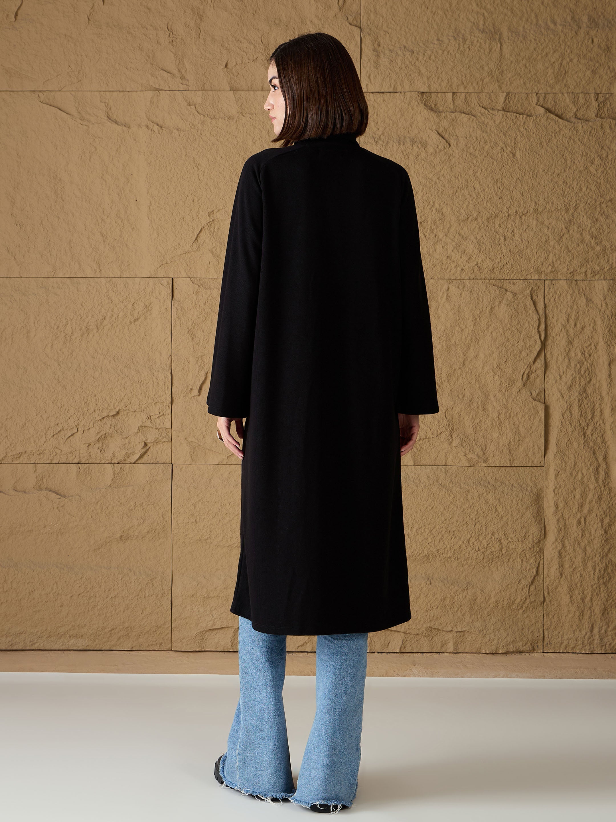 Women Black Turtle-Neck Front High Slit Sweater-SFSWSH7690