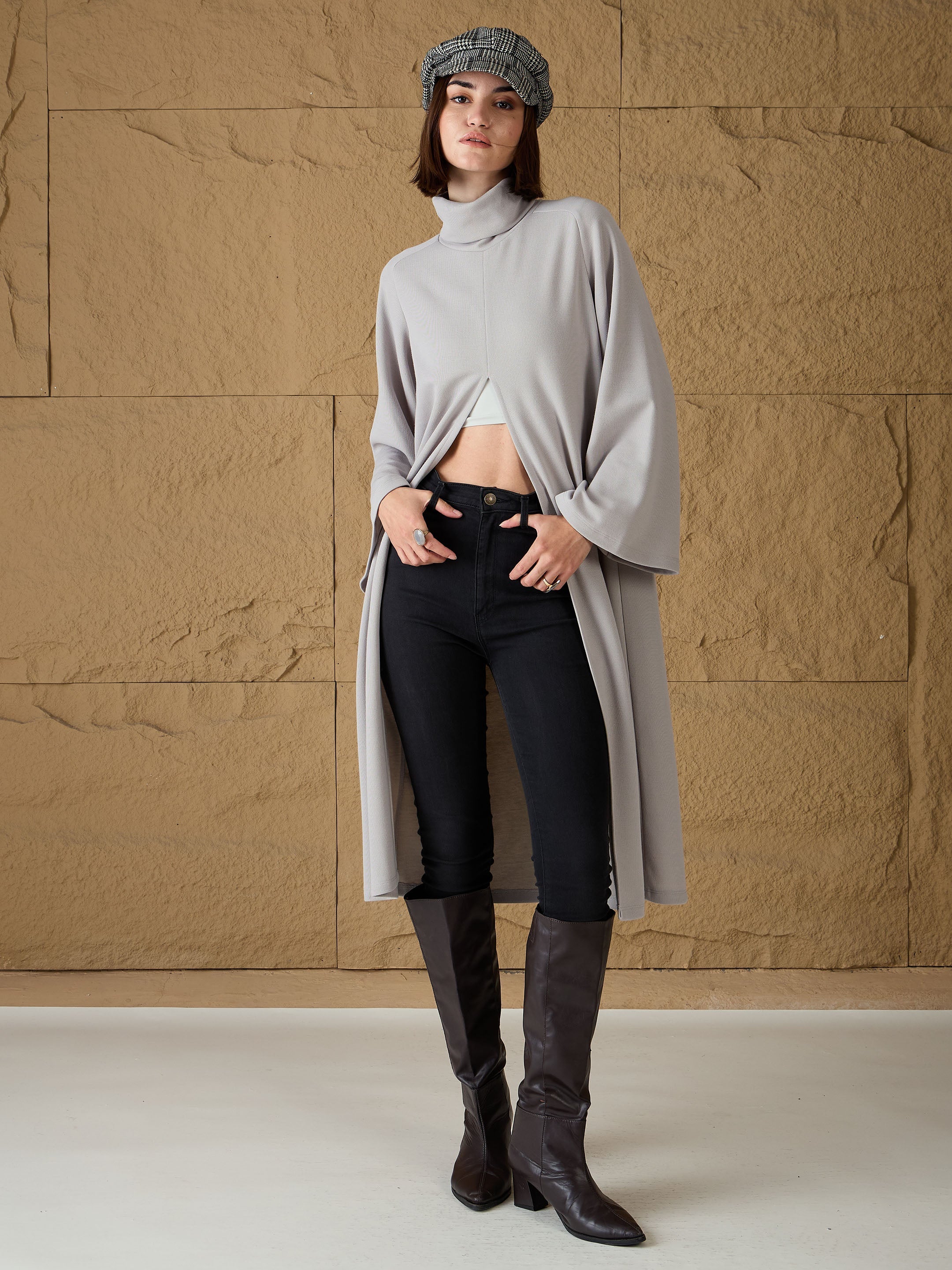 Women Grey Turtle-Neck Front High Slit Sweater-SFSWSH7691