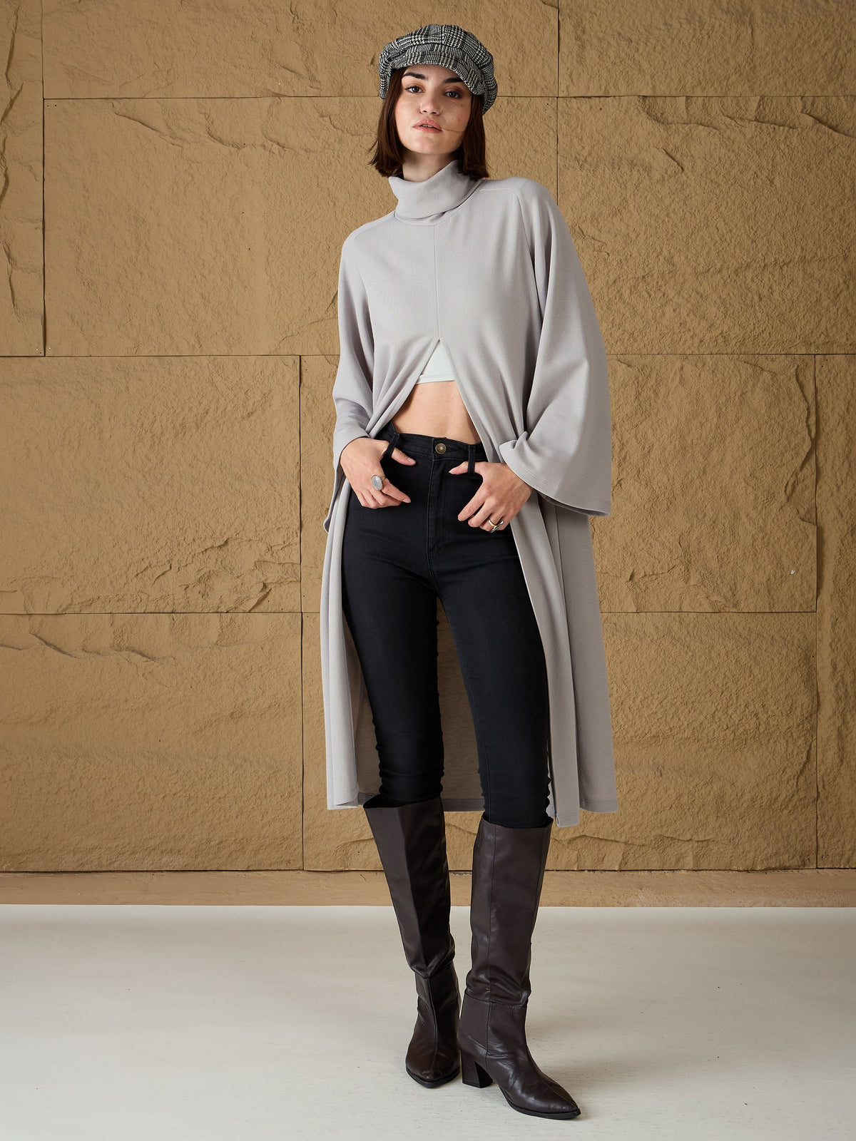 Women Grey Turtle-Neck Front High Slit Sweater-SFSWSH7691