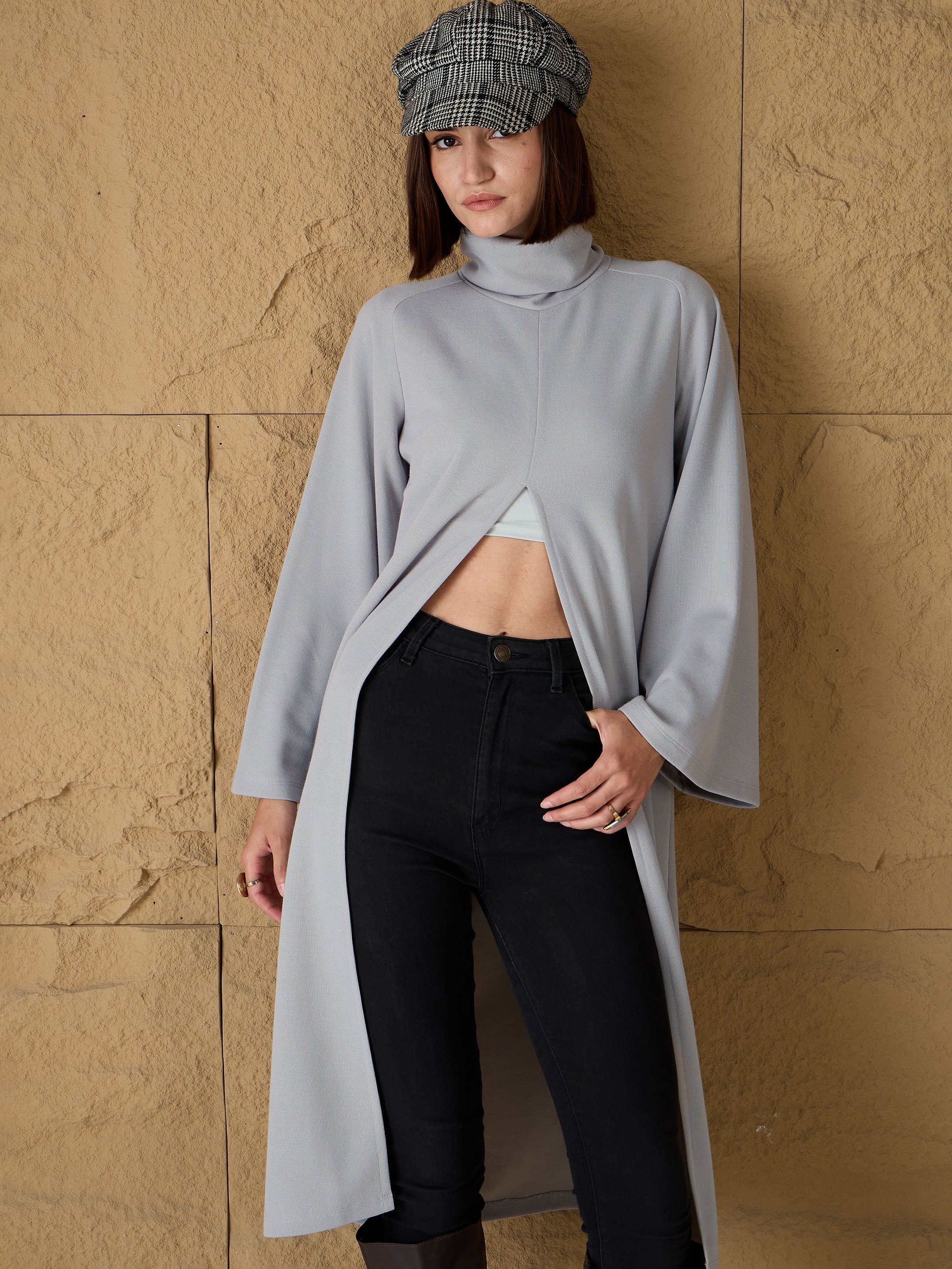 Women Grey Turtle-Neck Front High Slit Sweater-SFSWSH7691