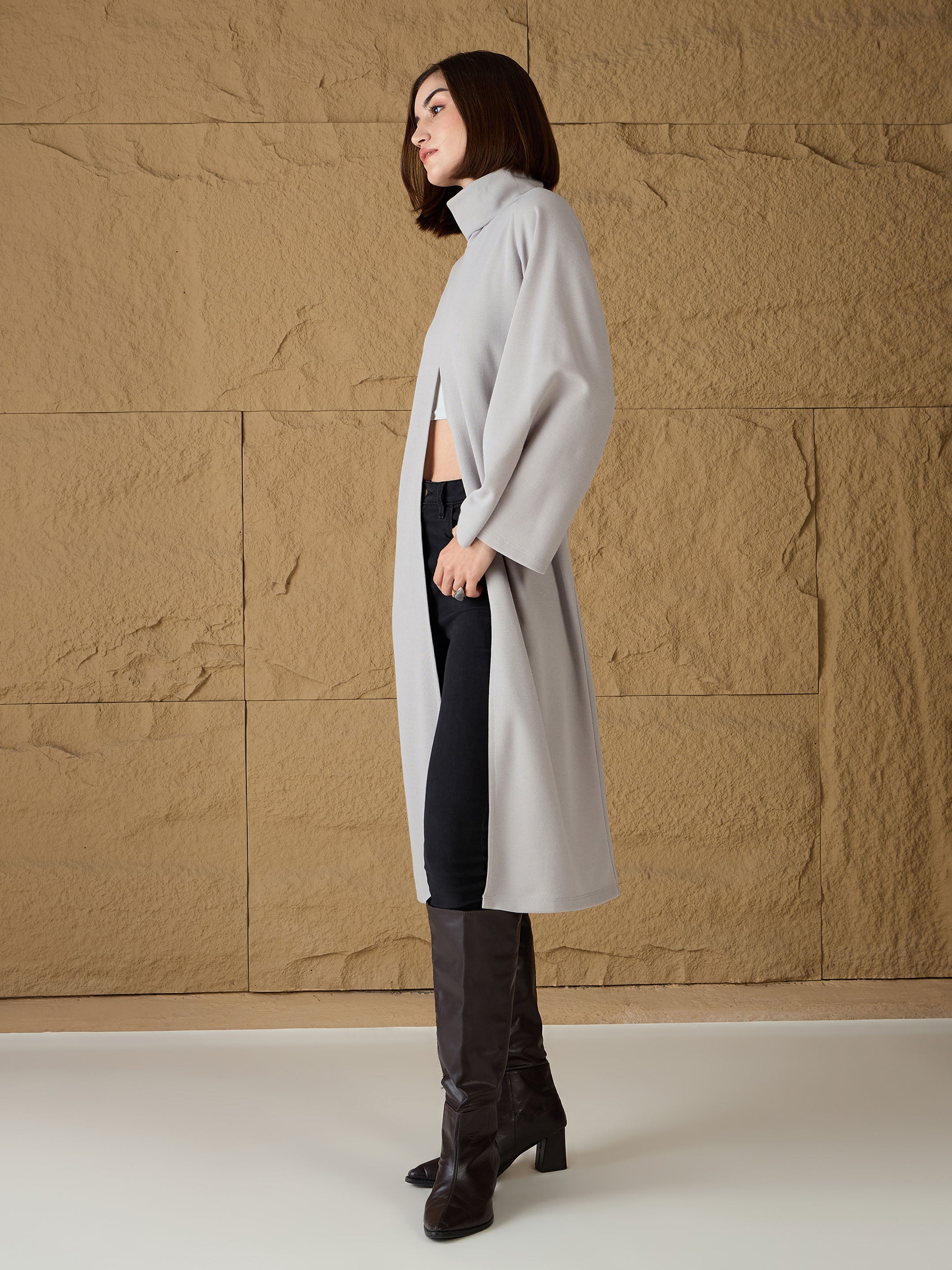 Women Grey Turtle-Neck Front High Slit Sweater-SFSWSH7691