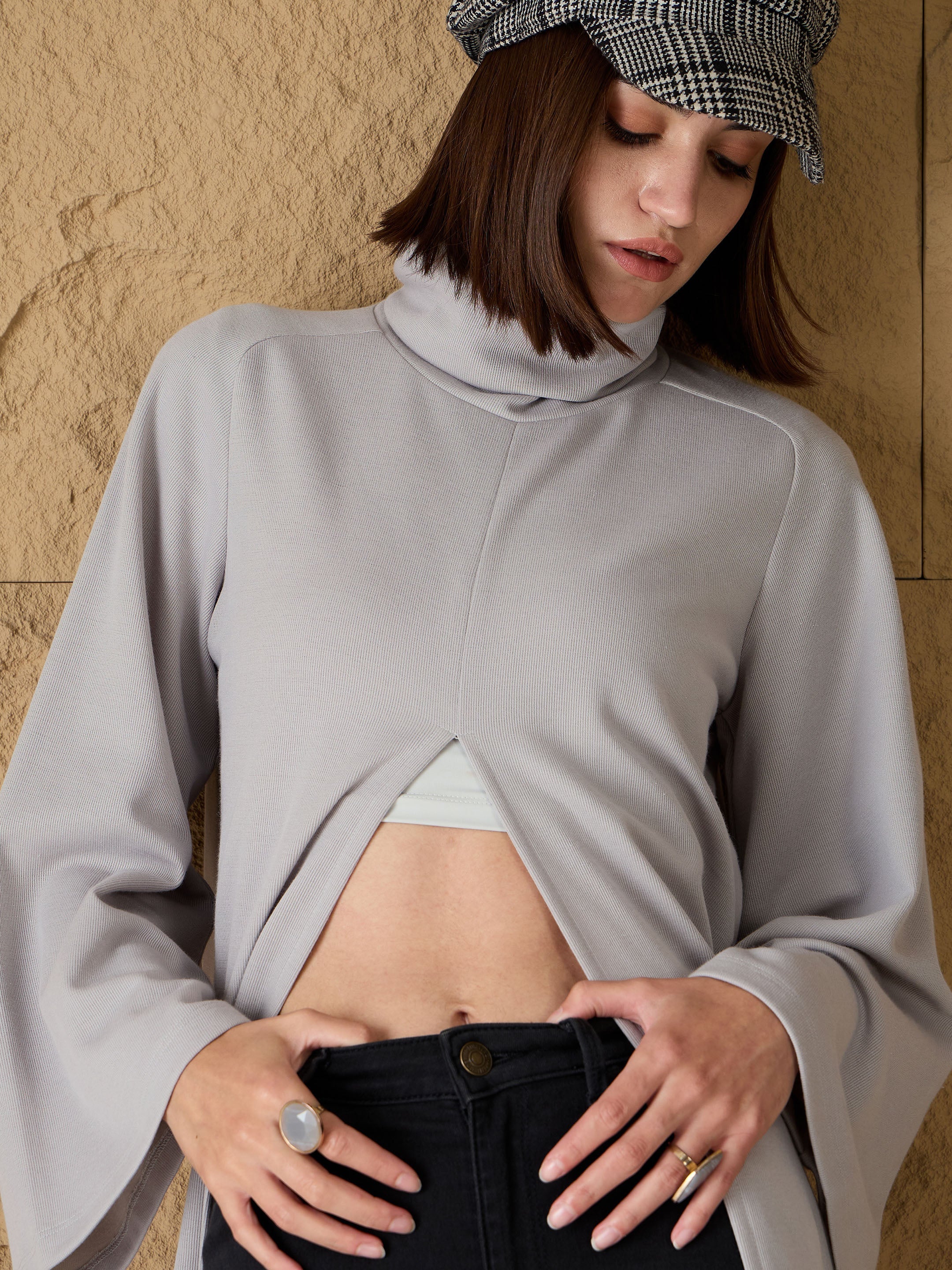 Women Grey Turtle-Neck Front High Slit Sweater-SFSWSH7691