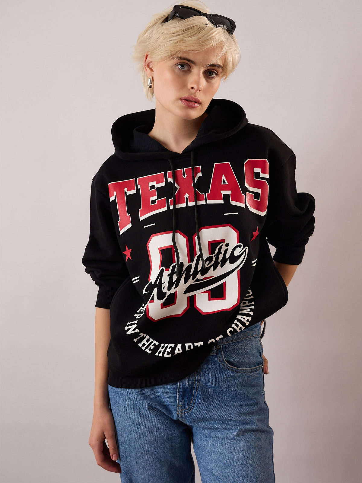 Women Black Fleece TEXAS Printed Regular Fit Hoodie-SFSWSH7694