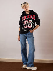 Women Black Fleece TEXAS Printed Regular Fit Hoodie-SFSWSH7694