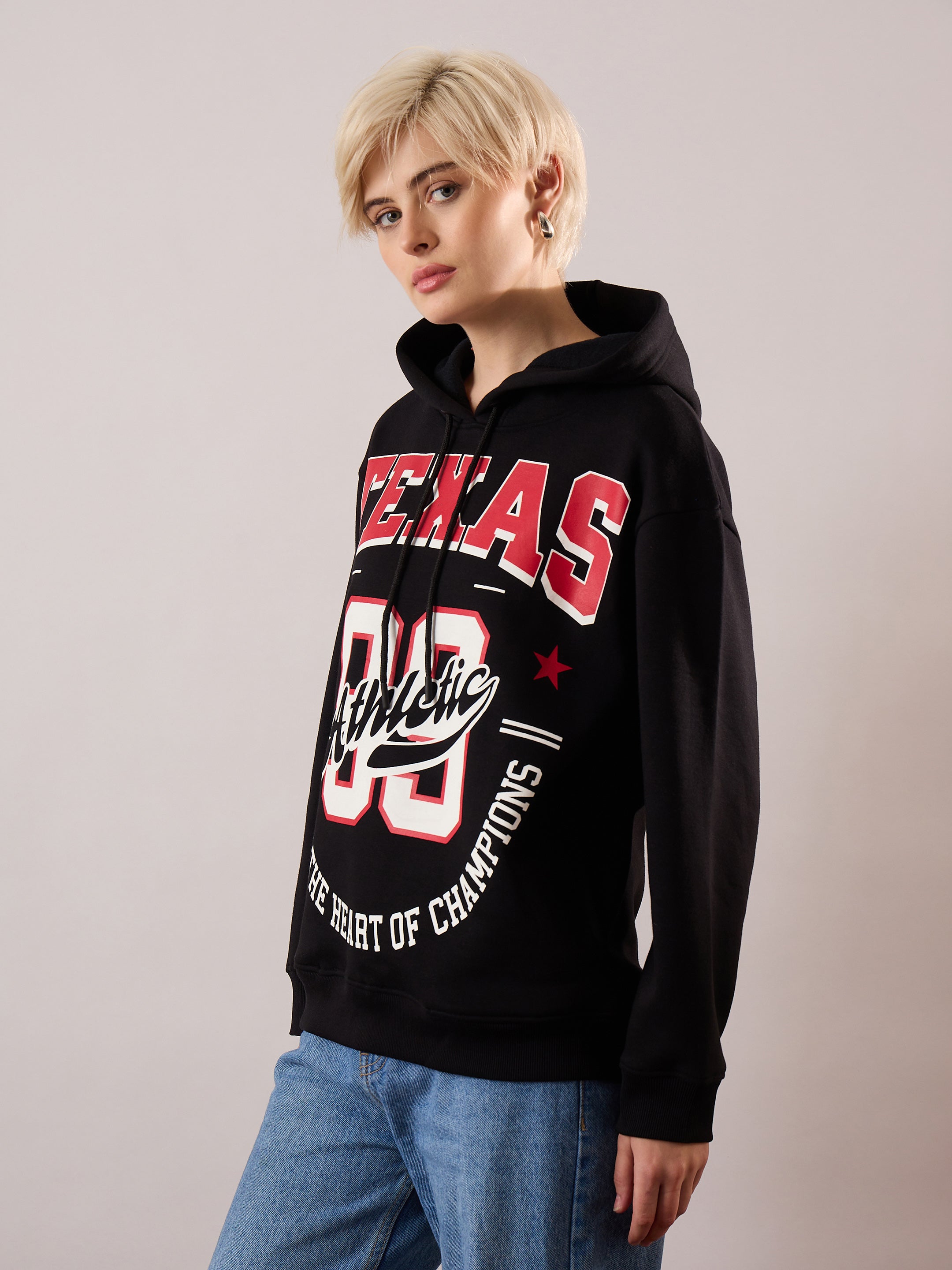 Women Black Fleece TEXAS Printed Regular Fit Hoodie-SFSWSH7694