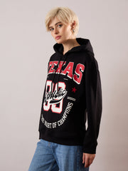 Women Black Fleece TEXAS Printed Regular Fit Hoodie-SFSWSH7694