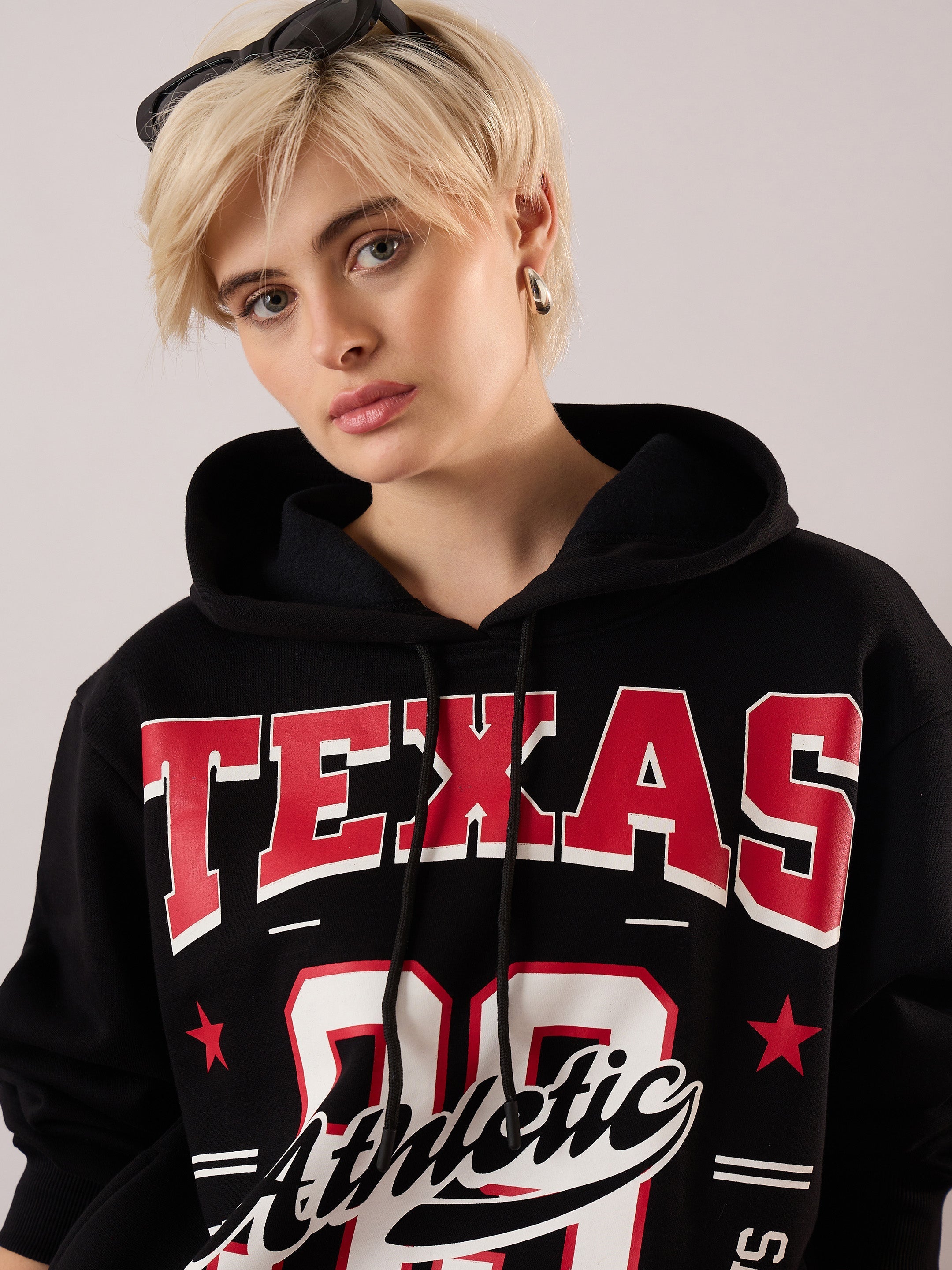 Women Black Fleece TEXAS Printed Regular Fit Hoodie-SFSWSH7694