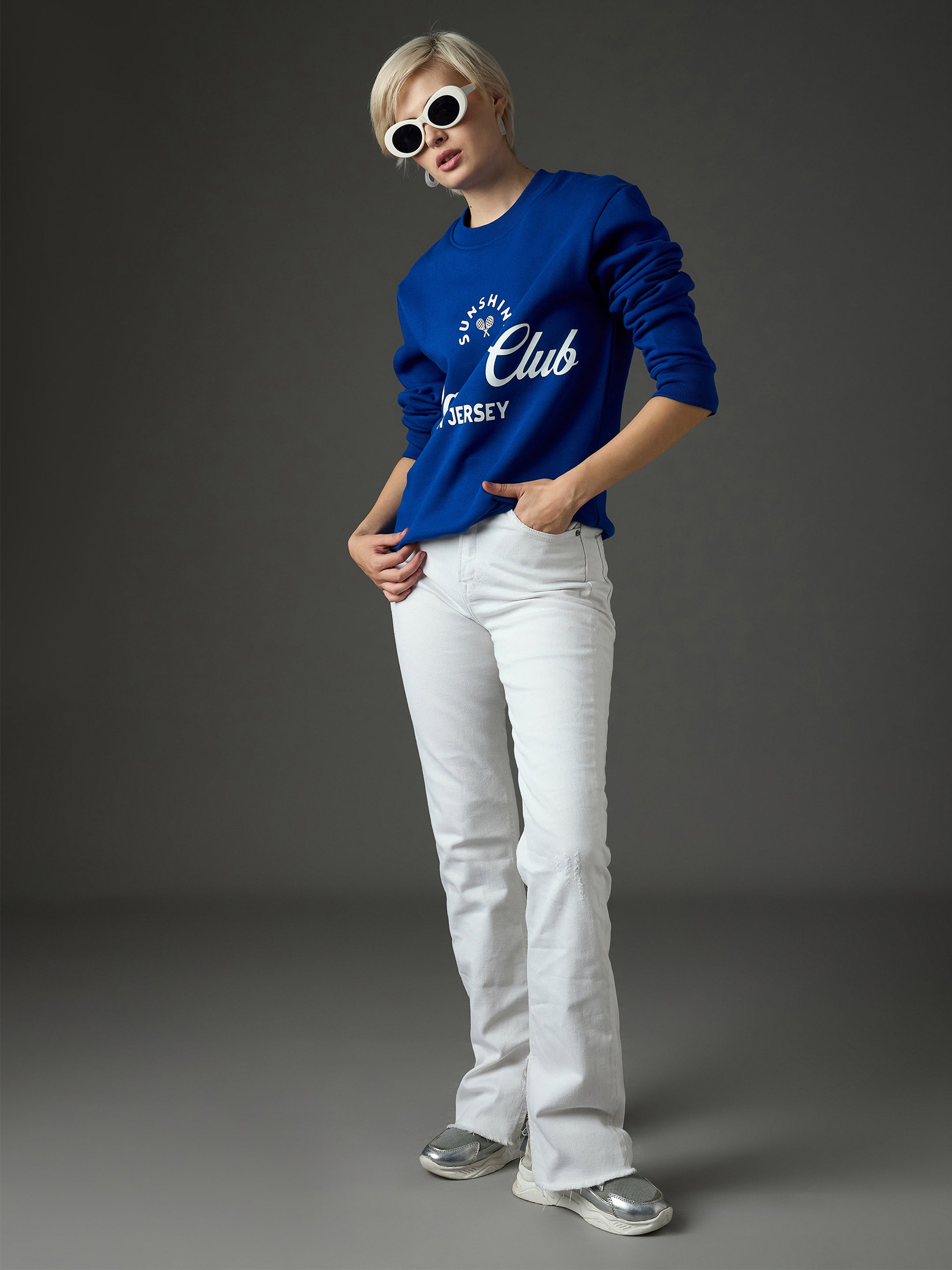 Women Royal Blue Fleece PADEL CLUB Printed Regular Fit Sweatshirt-SFSWSH7695