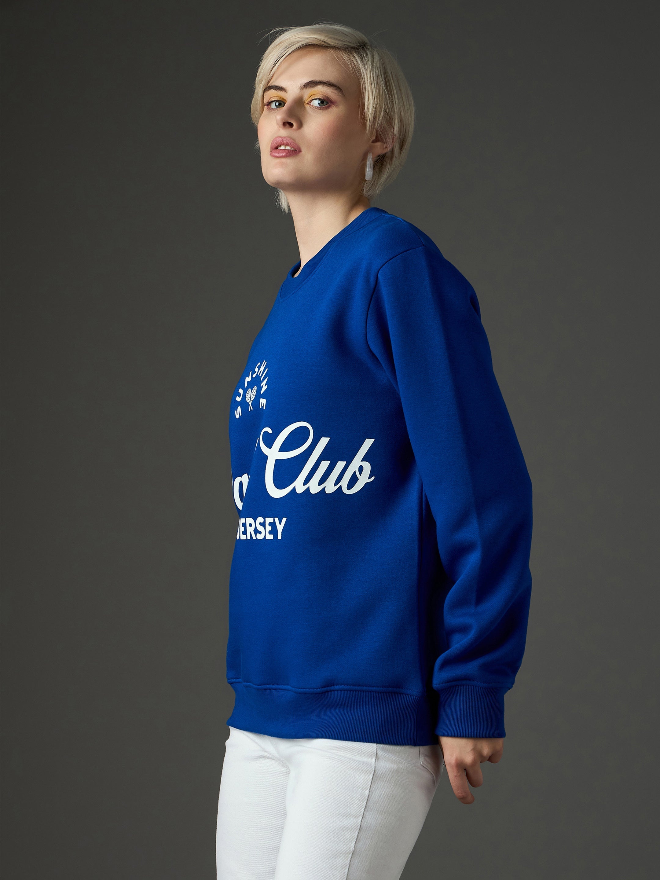 Women Royal Blue Fleece PADEL CLUB Printed Regular Fit Sweatshirt-SFSWSH7695