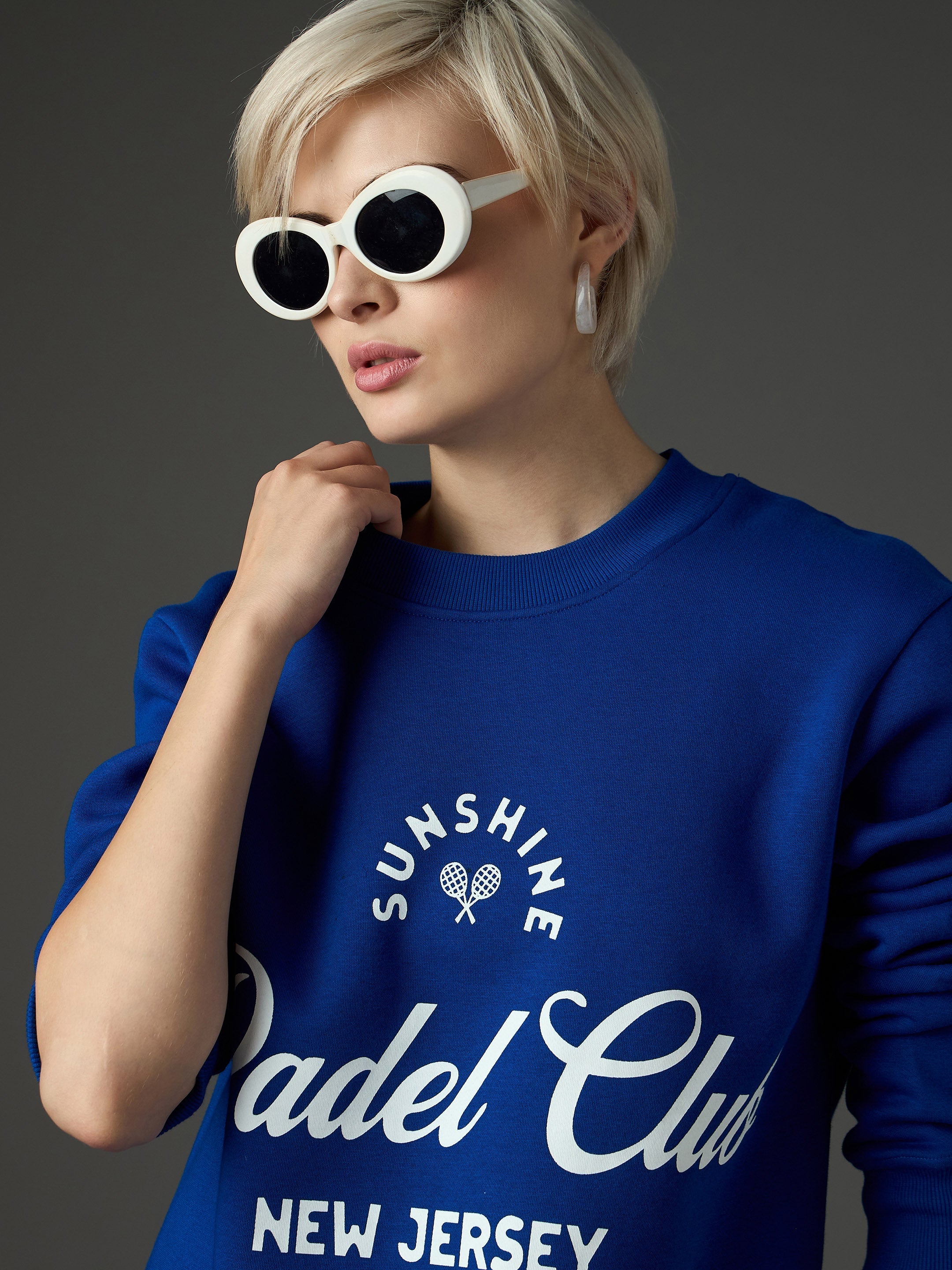 Women Royal Blue Fleece PADEL CLUB Printed Regular Fit Sweatshirt-SFSWSH7695