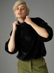 Women Black Balloon Sleeve Faux Fur Sweatshirt-SFSWSH7696