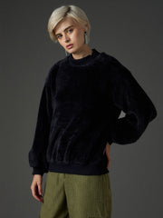 Women Black Balloon Sleeve Faux Fur Sweatshirt-SFSWSH7696
