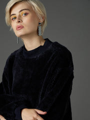 Women Black Balloon Sleeve Faux Fur Sweatshirt-SFSWSH7696