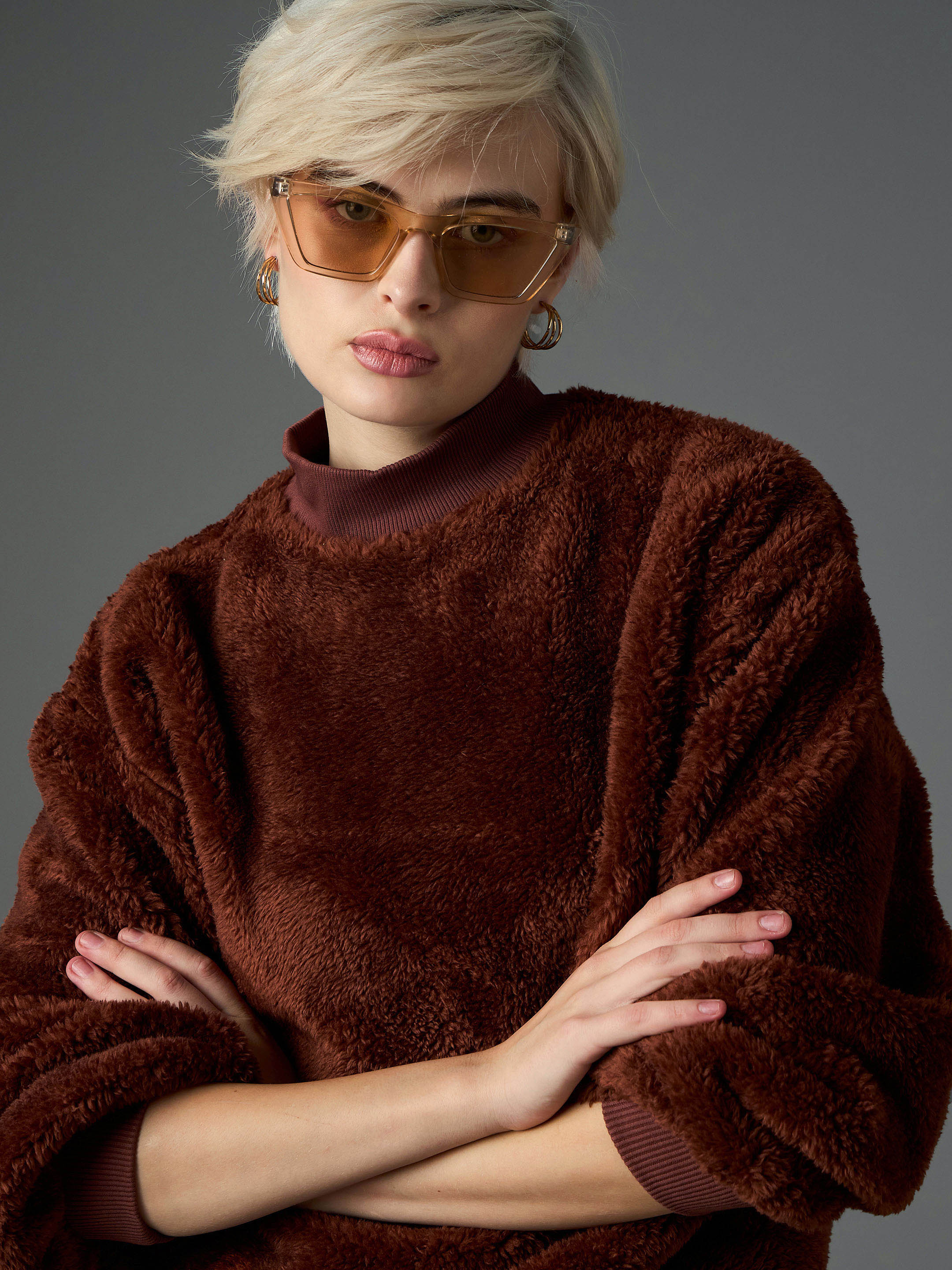 Women Brown Balloon Sleeve Faux Fur Sweatshirt-SFSWSH7697