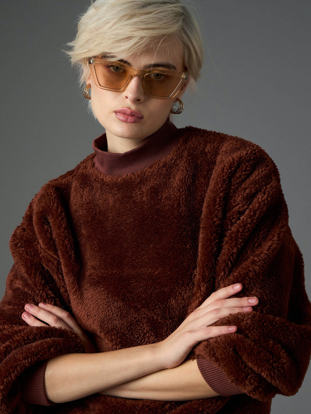 Women Brown Balloon Sleeve Faux Fur Sweatshirt-SFSWSH7697