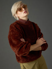 Women Brown Balloon Sleeve Faux Fur Sweatshirt-SFSWSH7697