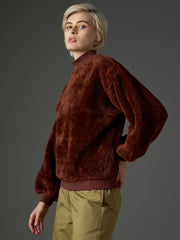 Women Brown Balloon Sleeve Faux Fur Sweatshirt-SFSWSH7697