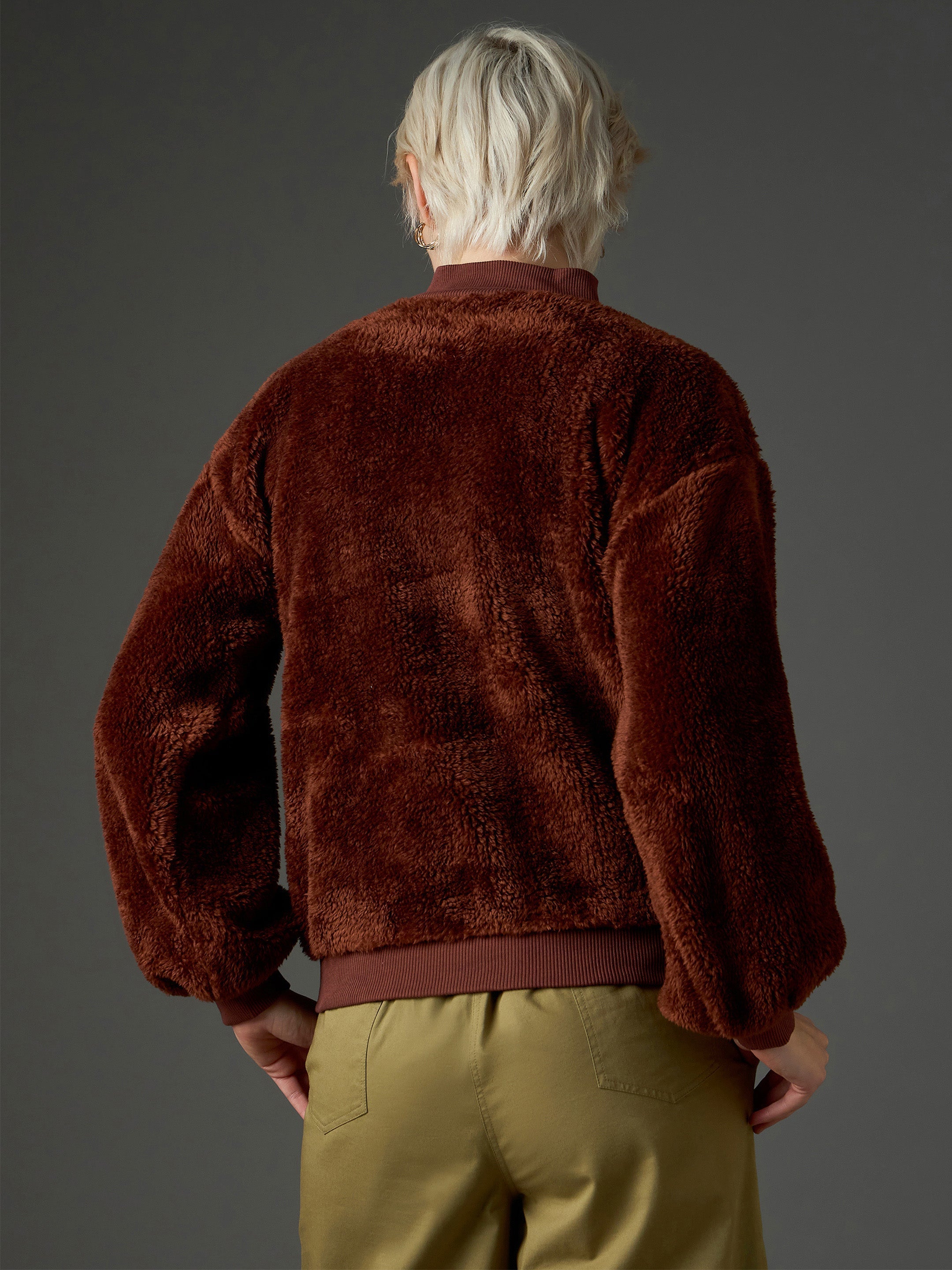 Women Brown Balloon Sleeve Faux Fur Sweatshirt-SFSWSH7697