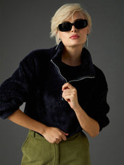 Women Black Zip Front Faux Fur Crop Sweatshirt-SFSWSH7698