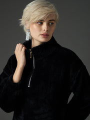 Women Black Zip Front Faux Fur Crop Sweatshirt-SFSWSH7698