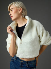Women White Zip Front Faux Fur Crop Sweatshirt-SFSWSH7699