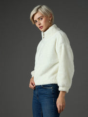 Women White Zip Front Faux Fur Crop Sweatshirt-SFSWSH7699