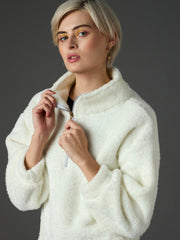Women White Zip Front Faux Fur Crop Sweatshirt-SFSWSH7699
