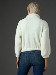 Women White Zip Front Faux Fur Crop Sweatshirt-SFSWSH7699