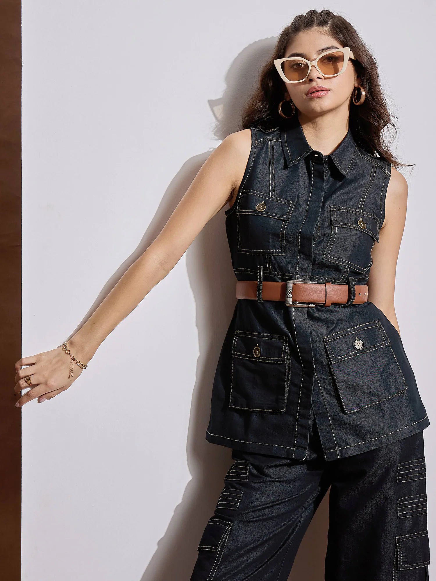 Women's Western Wear - Black Multi Pocket Sleeveless Cotton Top