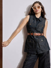 Women Black Multi Pocket Sleeveless Top-SFTOP42106