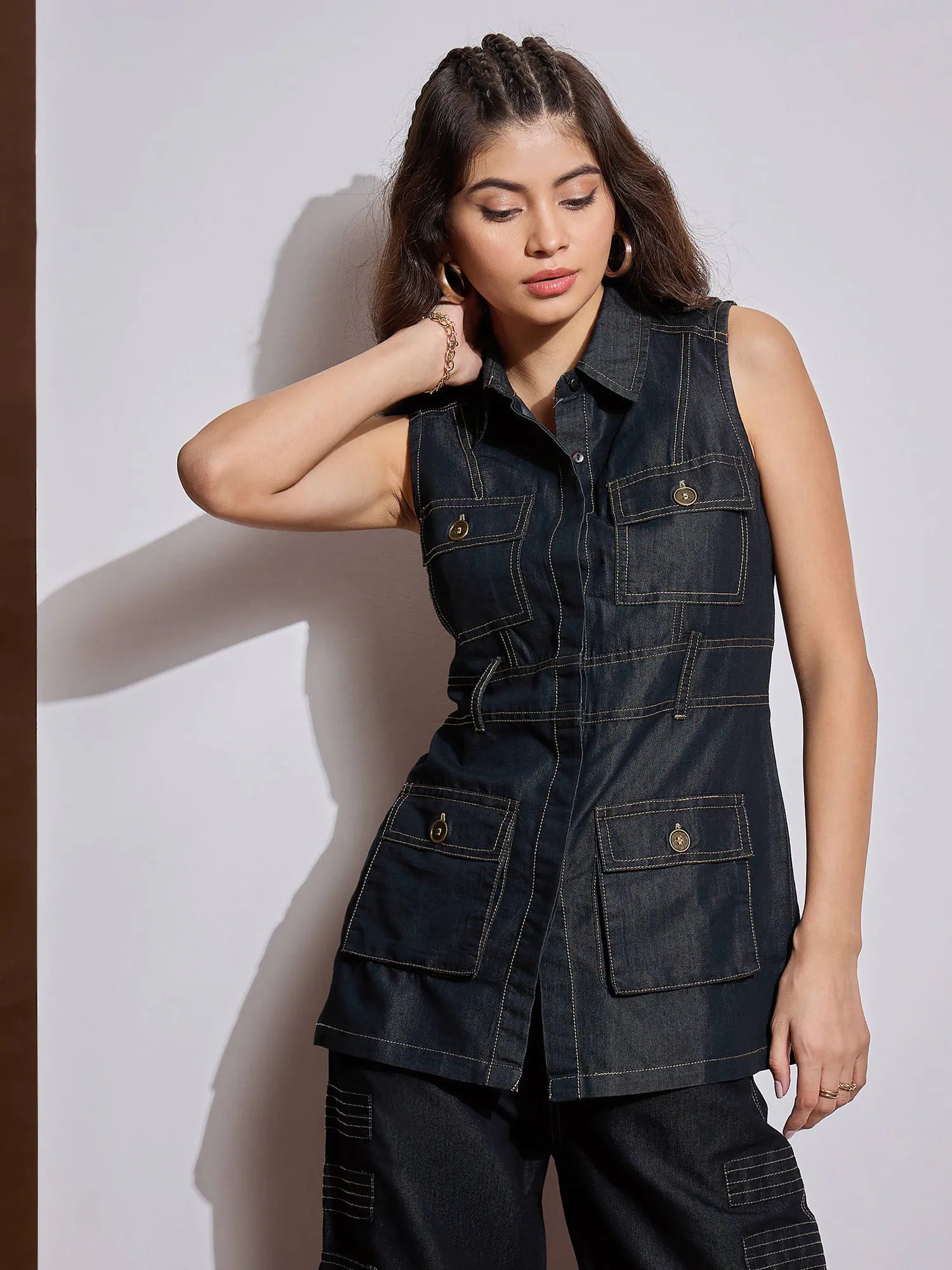 Women's Western Wear - Black Multi Pocket Sleeveless Cotton Top