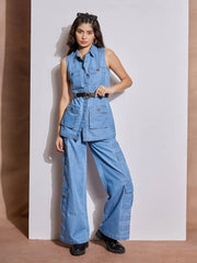 Women Ice Blue Multi Pocket Top With Cargo Pants-SFTOP42107_SFPANT50973