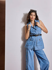 Women Ice Blue Multi Pocket Top With Cargo Pants-SFTOP42107_SFPANT50973