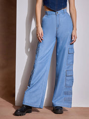 Women Ice Blue Multi Pocket Top With Cargo Pants-SFTOP42107_SFPANT50973