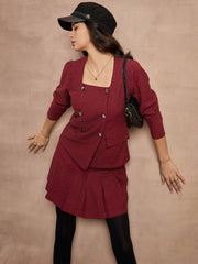 Women Red Houndstooth Top With Mini Skirt-SFTOP42110_SFSKRT30476