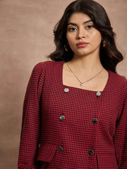 Women Red Houndstooth Top With Mini Skirt-SFTOP42110_SFSKRT30476