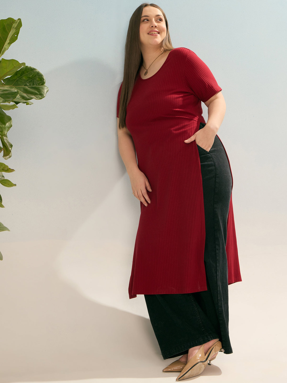 Women Maroon Rib Round Neck Long Line Top-SFTOP42382