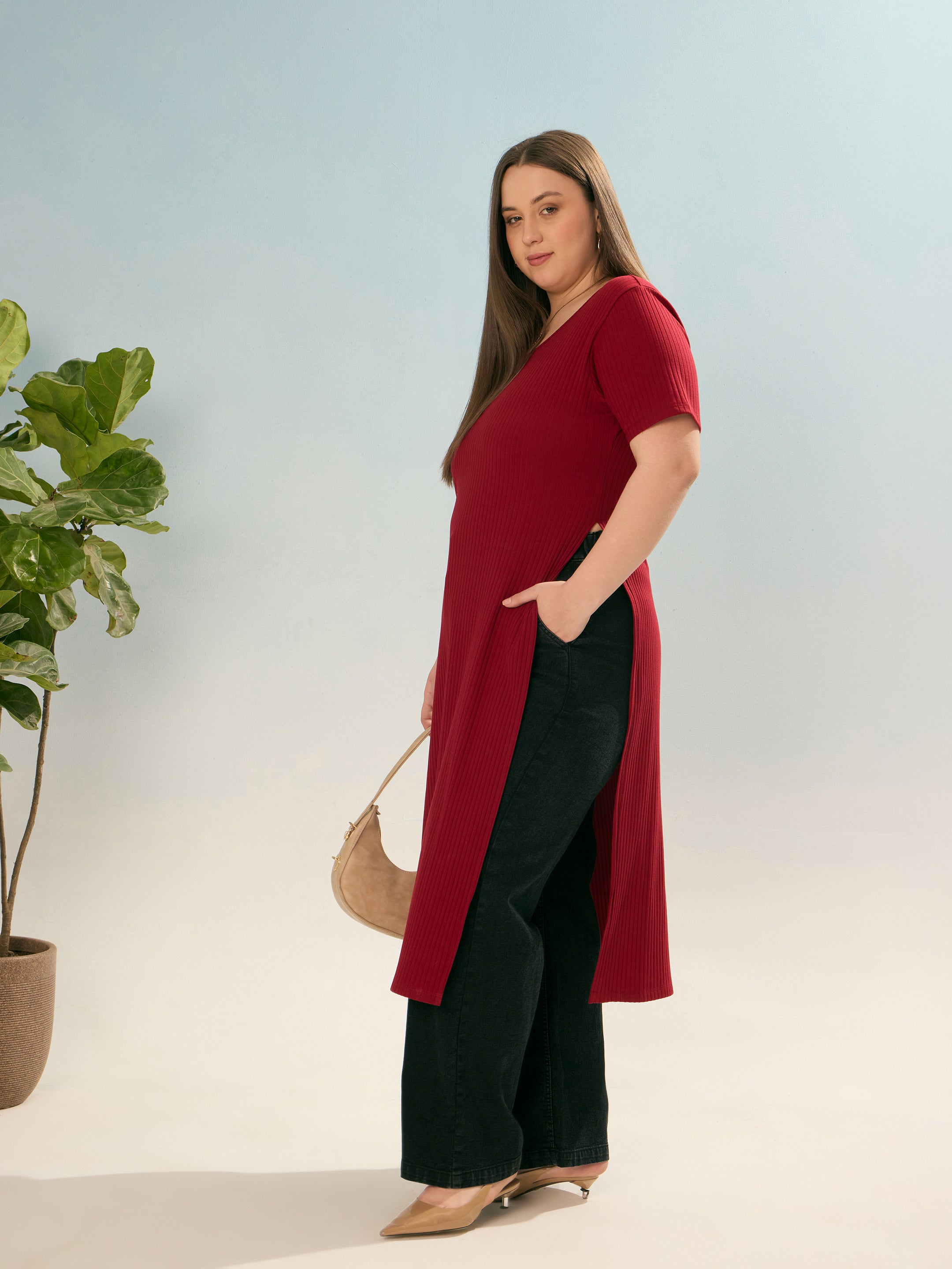 Women Maroon Rib Round Neck Long Line Top-SFTOP42382
