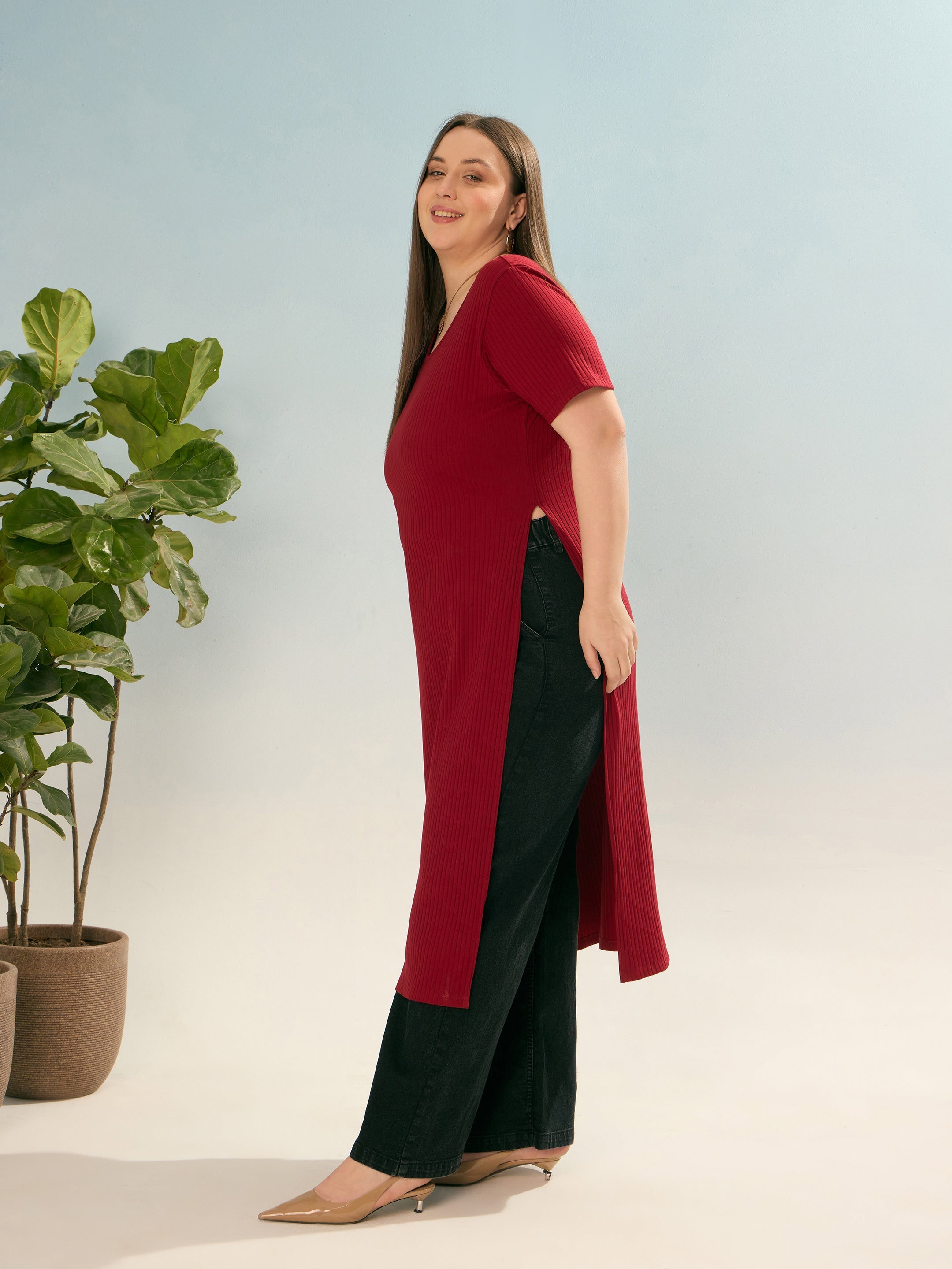 Women Maroon Rib Round Neck Long Line Top-SFTOP42382