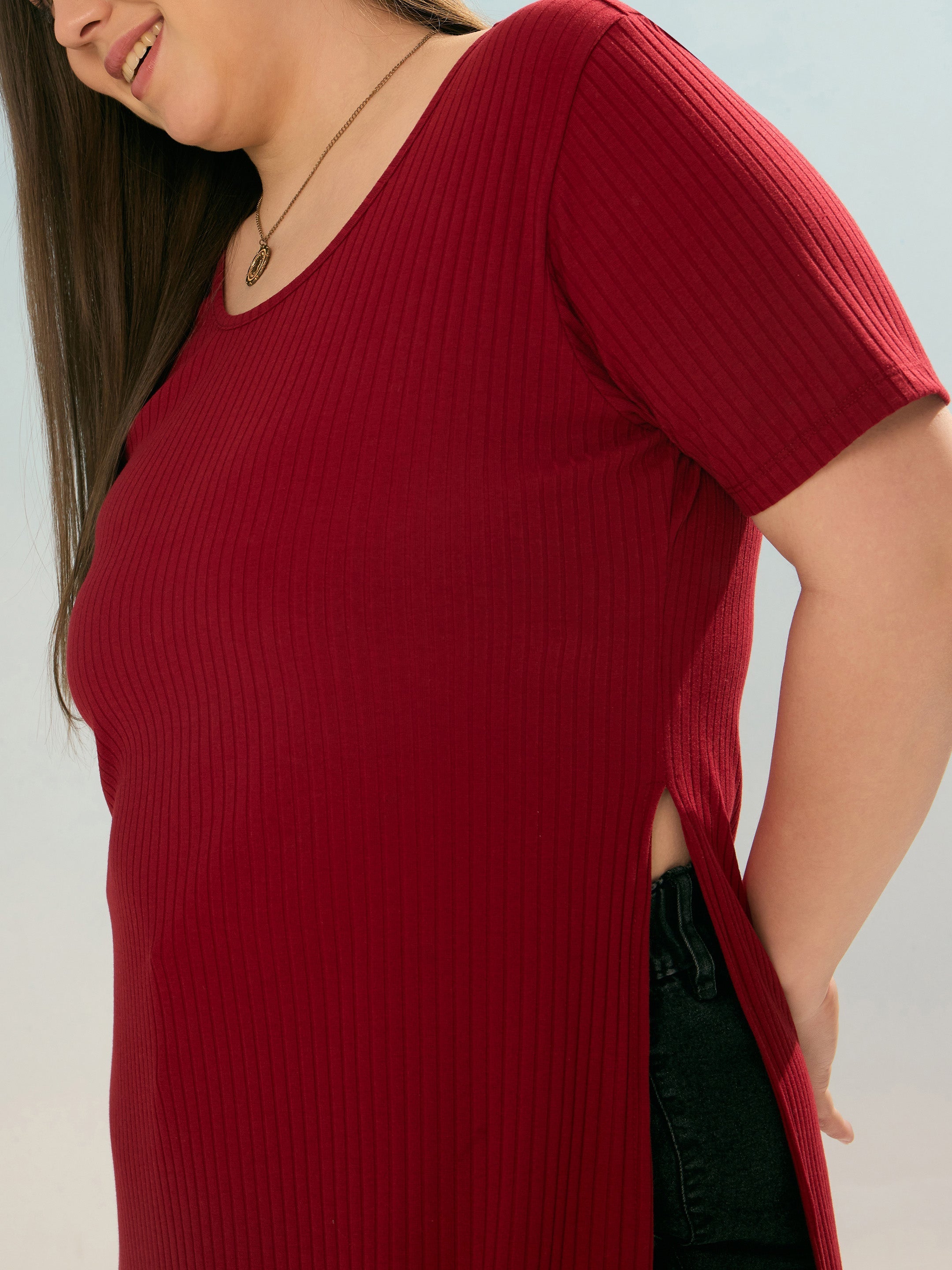 Women Maroon Rib Round Neck Long Line Top-SFTOP42382