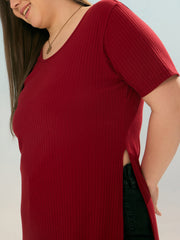 Women Maroon Rib Round Neck Long Line Top-SFTOP42382
