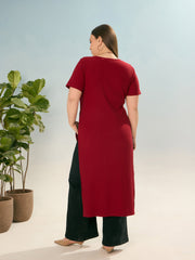 Women Maroon Rib Round Neck Long Line Top-SFTOP42382