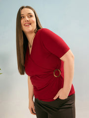 Women Maroon Rib Side Buckle Detail Top-SFTOP42383