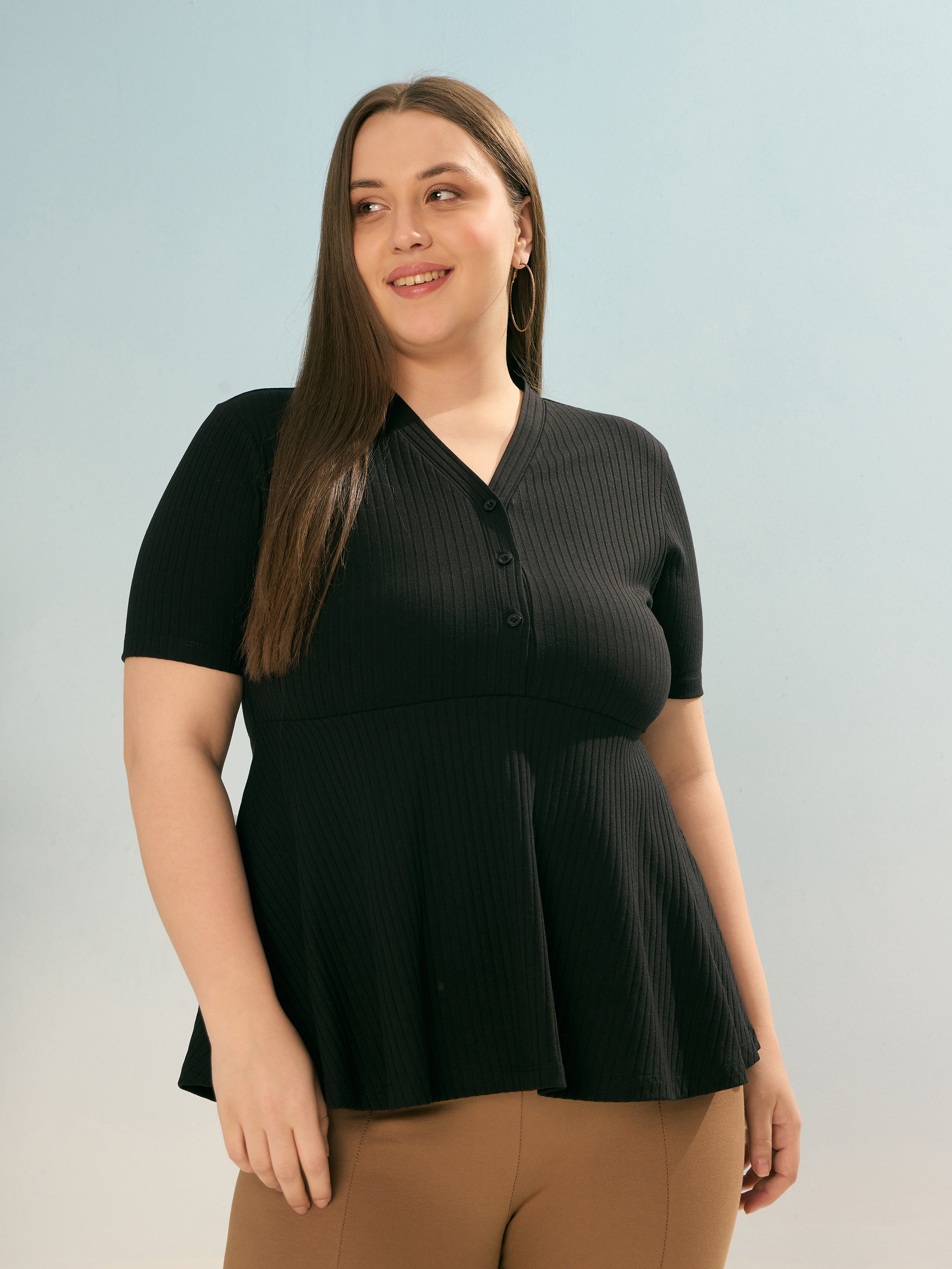Women Black Rib V Neck Peplum Top-SFTOP42385