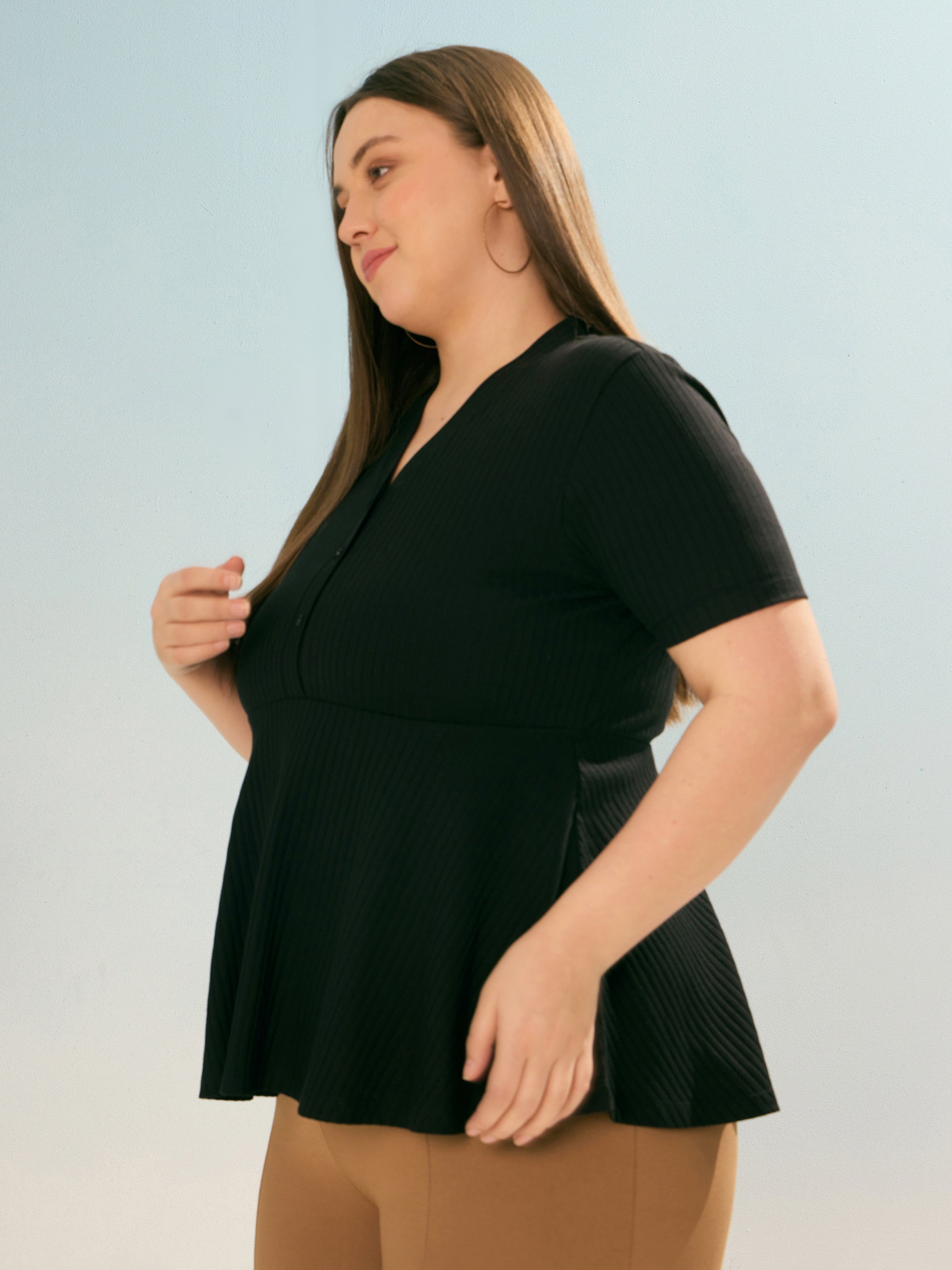 Women Black Rib V Neck Peplum Top-SFTOP42385