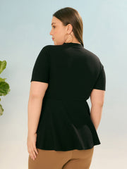 Women Black Rib V Neck Peplum Top-SFTOP42385